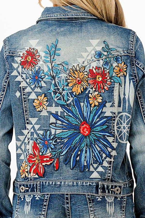 Grace in LA - Wholesale Denim Jacket - Women's - Floral Embroidery Detail Denim Jacket  | TE-619652