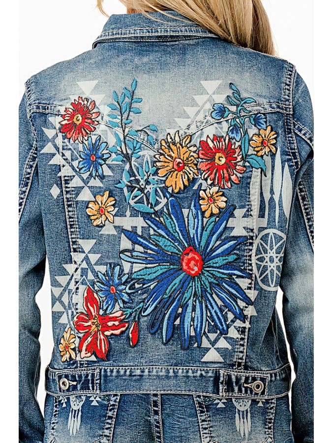 Grace in LA - Wholesale Denim Jacket - Women's - Floral Embroidery Detail Denim Jacket | TE-619652