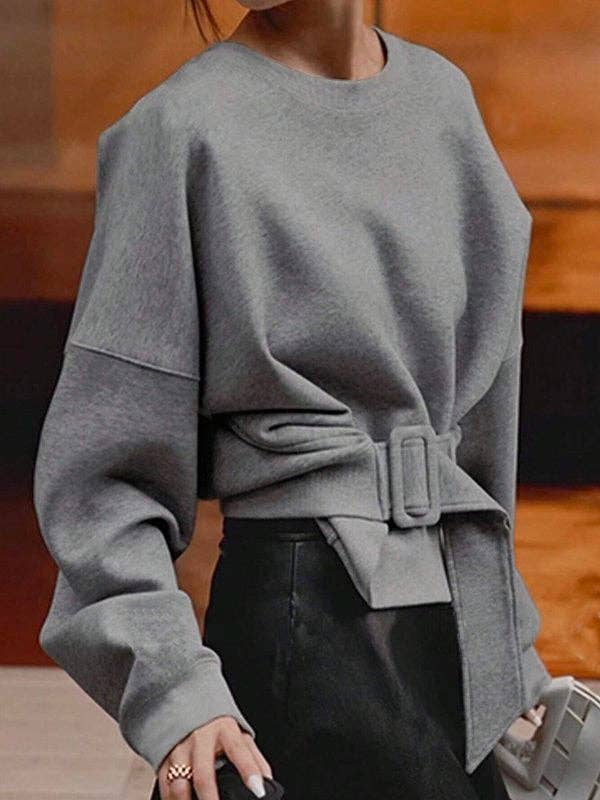 UZ Wholesale Store – Sweatshirt - Mulher por atacado – Camisola de Manga Comprida com Cinto Solto, Fivela, Cor Sólida e Gola Redonda1