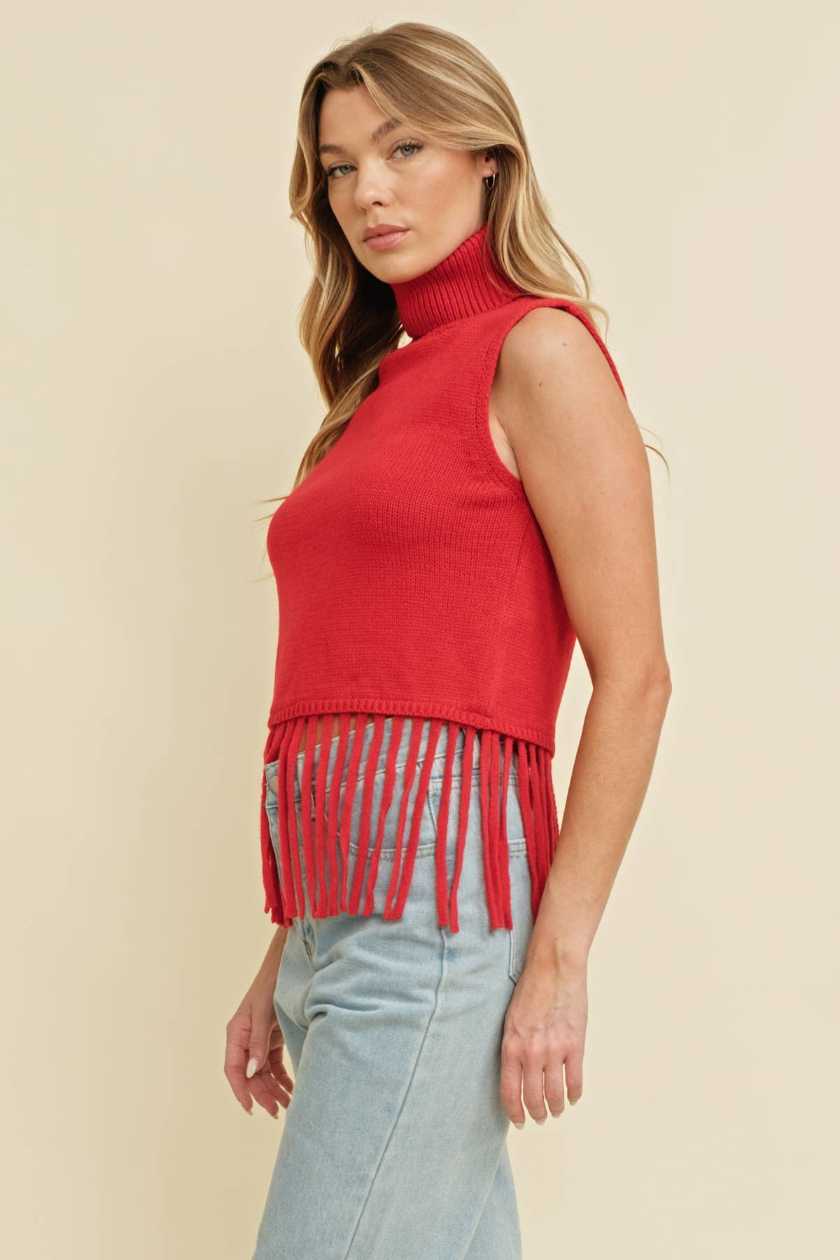 Cloud Ten - Vente Pull en maille – femme - CSW12054 - PULL COURT SANS MANCHES À COL ROULÉ ET OURLET FRANGÉ4