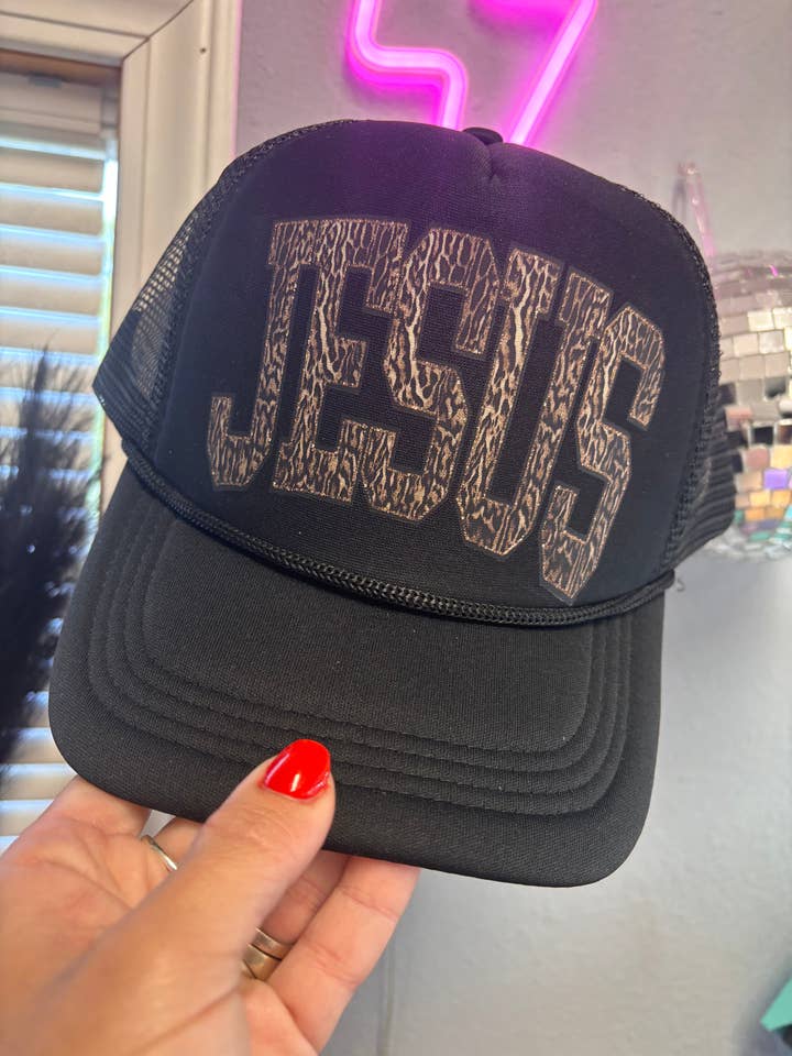 Leopard Jesus trucker hat for wholesale by Sugar & Velvet Collective Wholesale