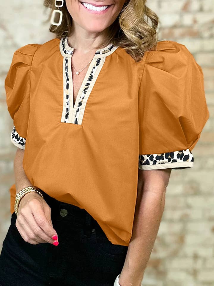 Suhkasana - Wholesale Blouse - Women's - Contrast Leopard Trim Split Neck Puff Sleeve Blouse0