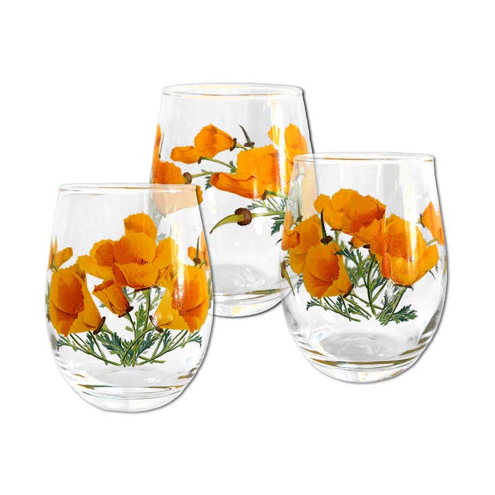California State w/ Poppies Stemless Wine Glass 2023 for wholesale by SF Mercantile