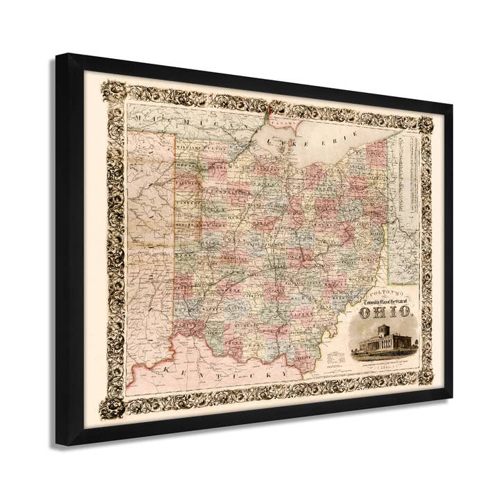 1851 Ohio Map - Framed Vintage Map of Ohio - Old Map of Ohio - Historic Colton's Township Map of the State of Ohio Wall Art Poster Print for wholesale by Historic Prints
