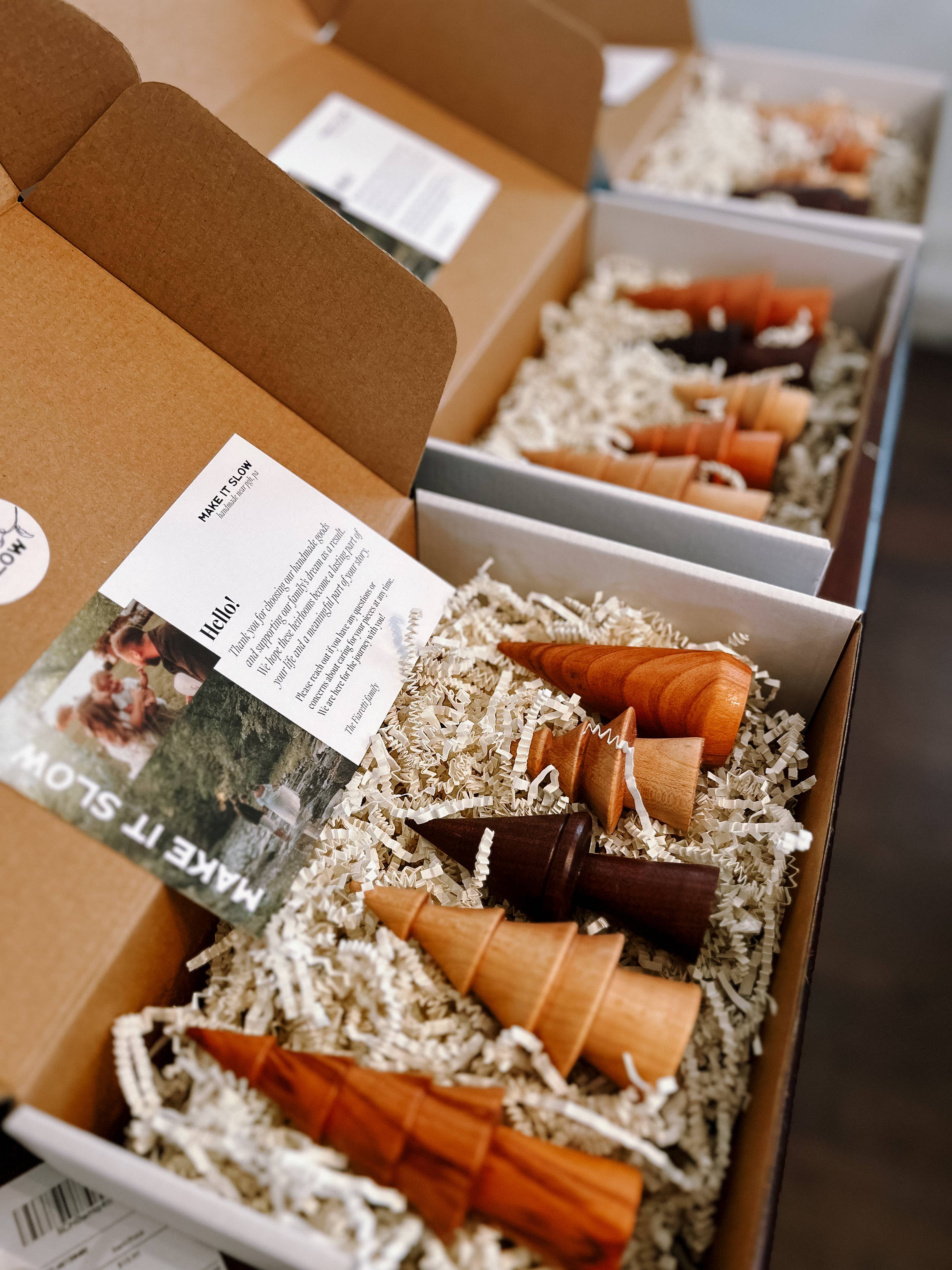 Make It Slow | Modern Woodworking the Old Fashioned Way - Wholesale Decorative Tabletop Object - Hand-turned Mini Woodland Forest Tree Set - Christmas Winter8