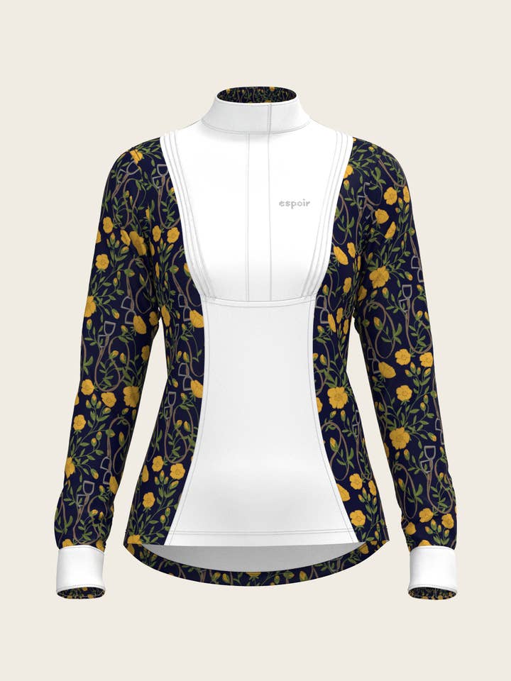 Chemise de concours à manches longues plissée courte avec étriers bleu marine pour la vente par Espoir Equestrian