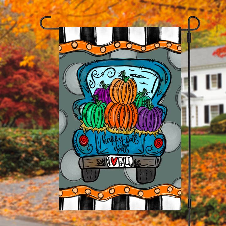 Happy Fall Y'all Pumpkin Truck Garden Flag for wholesale by Painted Skies