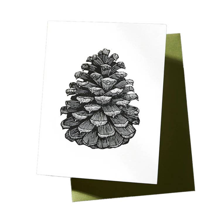 Ponderosa cone linocut relief print card for wholesale by Anomal Press