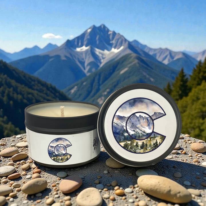 Clever Cow Candle Co - Wholesale Travel Candles - CO Flag Mountains Souvenir Gift Soy Wax Candle Tin 0