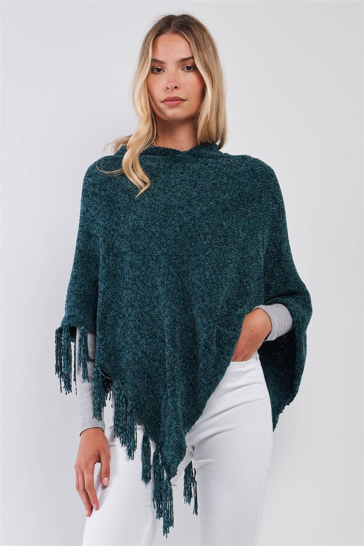 Green Chenille Knit Tassel Fringe Side Trim Hooded Poncho for wholesale on Faire