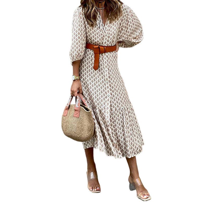 Khaki Printed V-Neck Long Dress with Belt for wholesale on Faire4