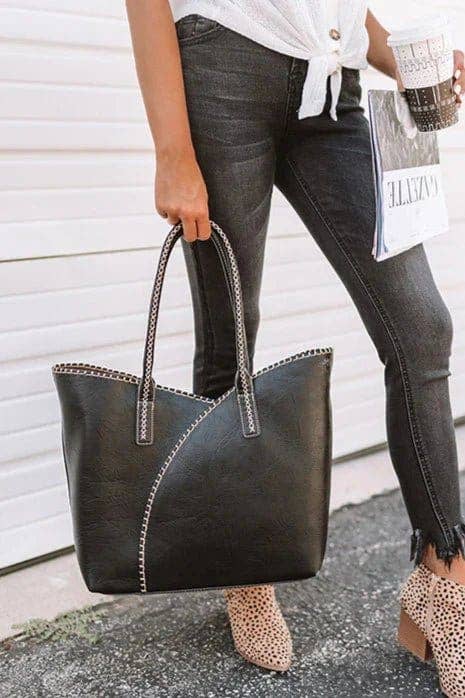 MiMi Wholesale - Wholesale Tote Bag - Women's - COL001-2 2-in-1 Stitch Trim Detail Shoulder/Tote Set Bag3