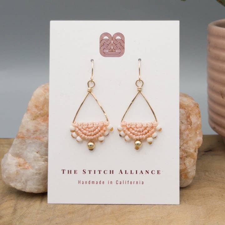 The Stitch Alliance - Wholesale Dangle Earrings - Luna Triangle Hoop Peach Macrame Earrings - Gold Fill0