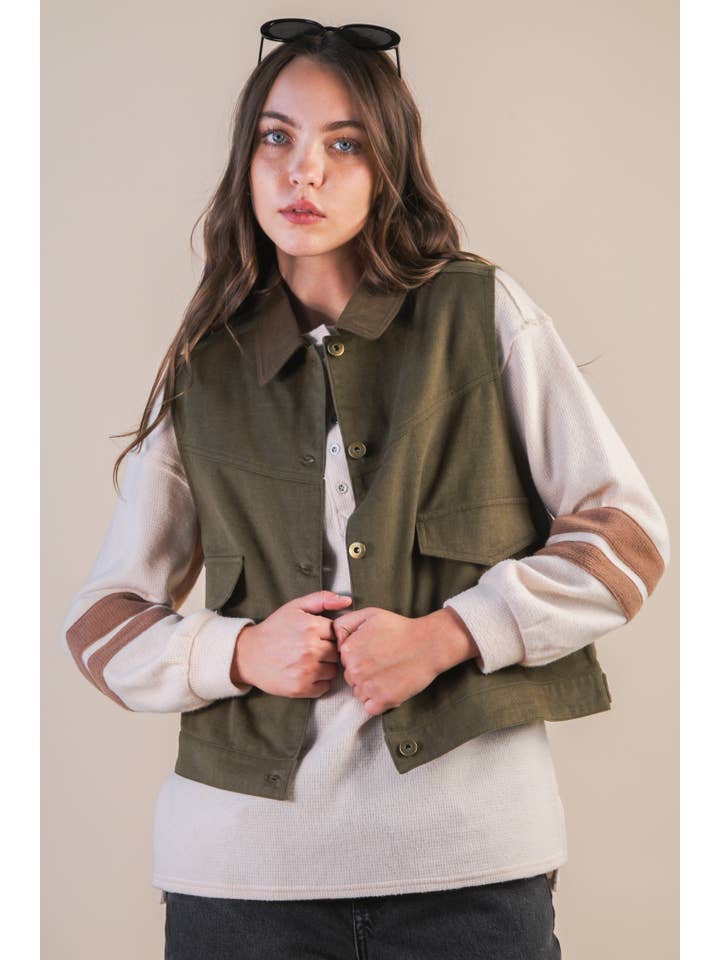 VERY J - Wholesale Outerwear Vest - Women's - NT12284-Washed Cotton Button Down Casual Vest0
