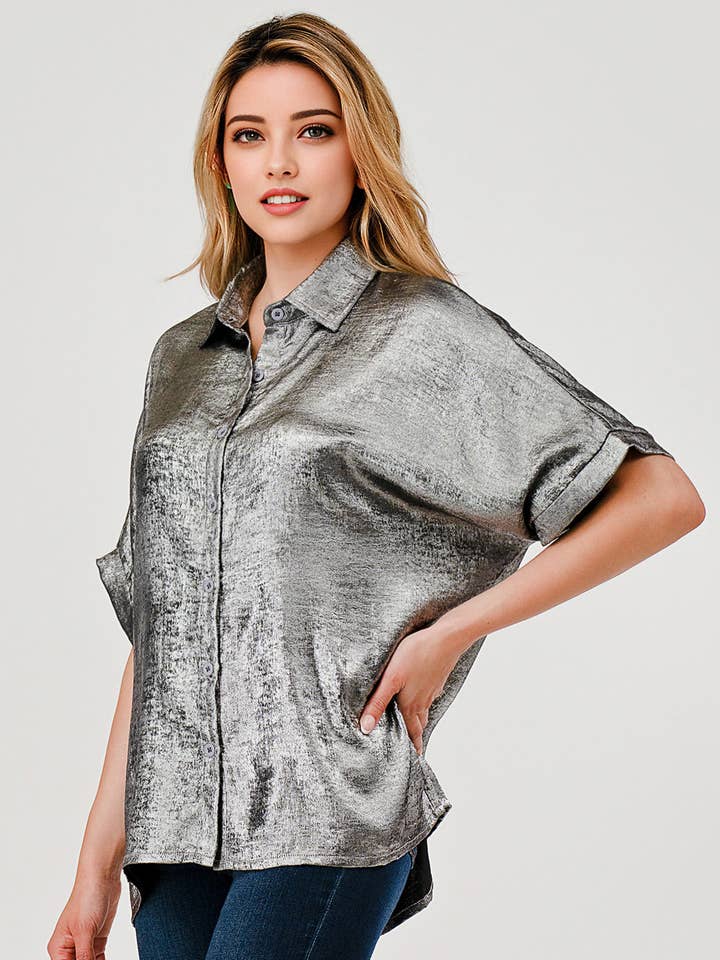 Plus Size 4/2 Pack Sonya Metallic Button Down Top Pewter for wholesale by Pixi + Ivy