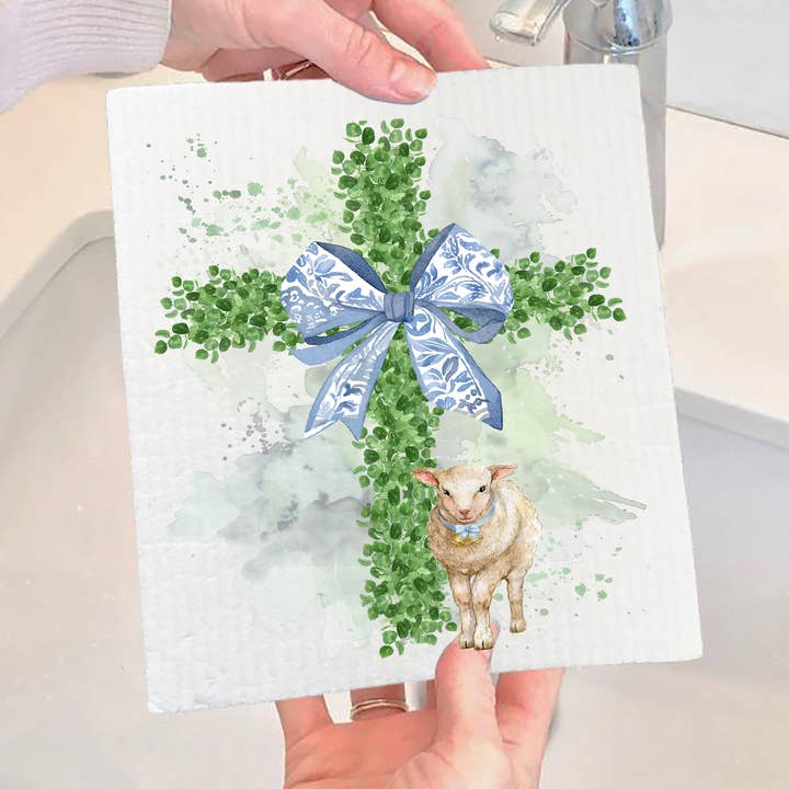 Easter Boxwood Cross Lamb Spiritual Swedish Dishcloth for wholesale by Avery Lane Gifts