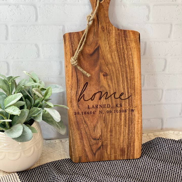 Engraved Coordinates Charcuterie Board, Live Edge Board for wholesale by K&J Keepsakes