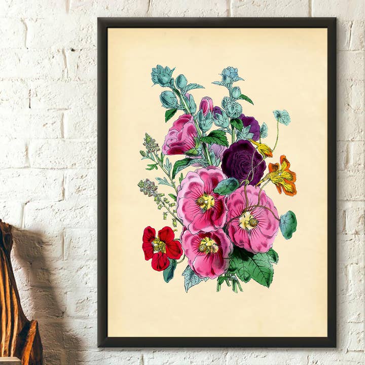 Vintage Wall Graphics - Wholesale Art Print - Vintage Hollyhocks Botanical Print Floral Wall Art Gift