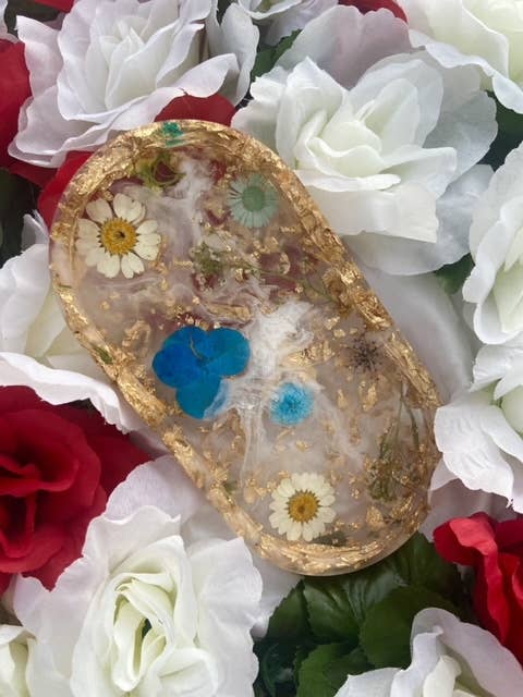 KraftzbyKenzie - Wholesale Jewelry Dish - Blue Flower Trinket Trays | Gold Foil Tray | Oval Tray5