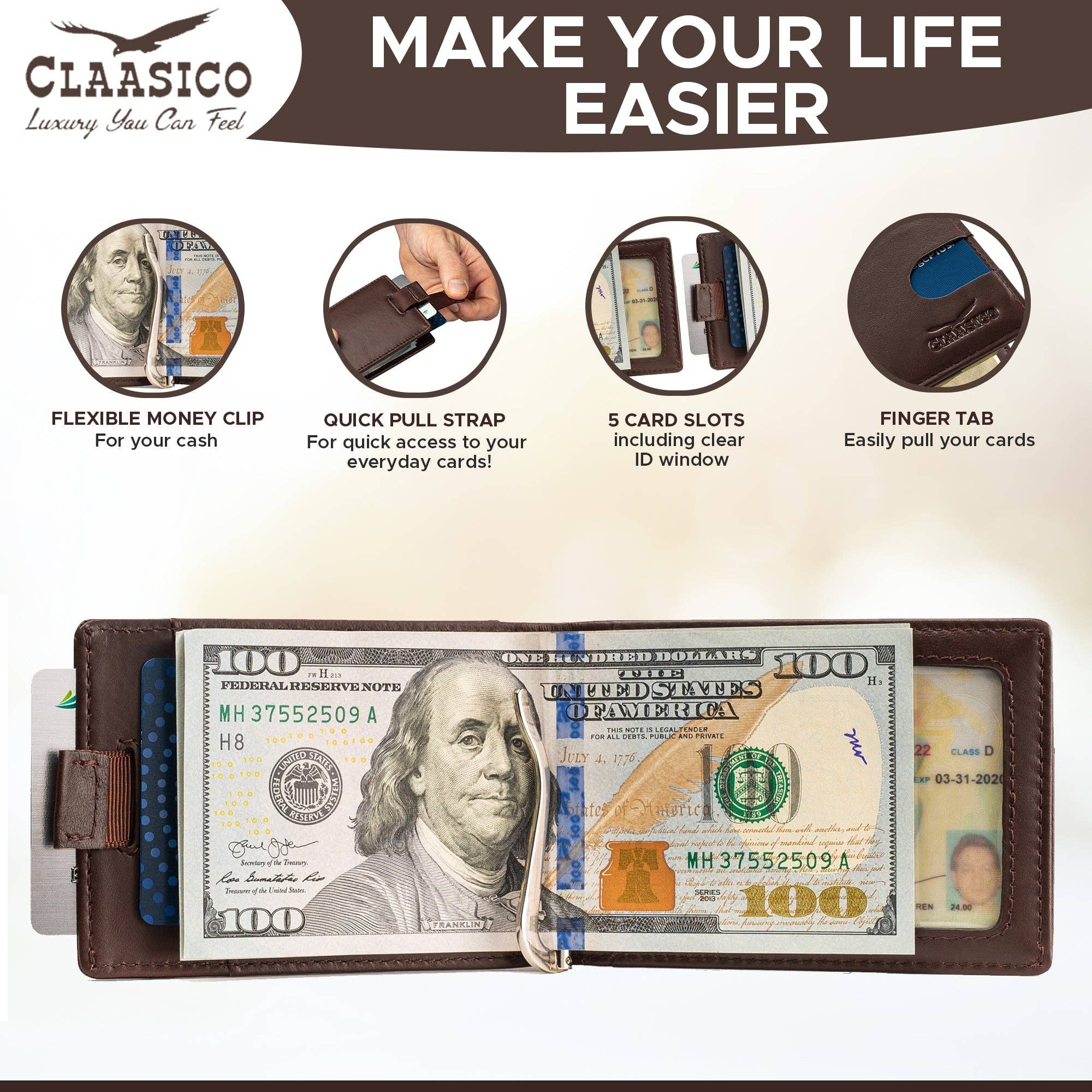 Claasico - Wholesale Wallet - Men's - Small bifold leather money clip wallet with pull strap25