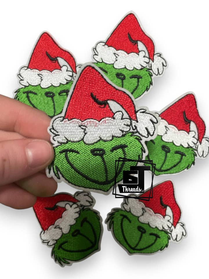 Grinch Face With Christmas Hat...Cap Patches Only for wholesale by 6j Threads LLC