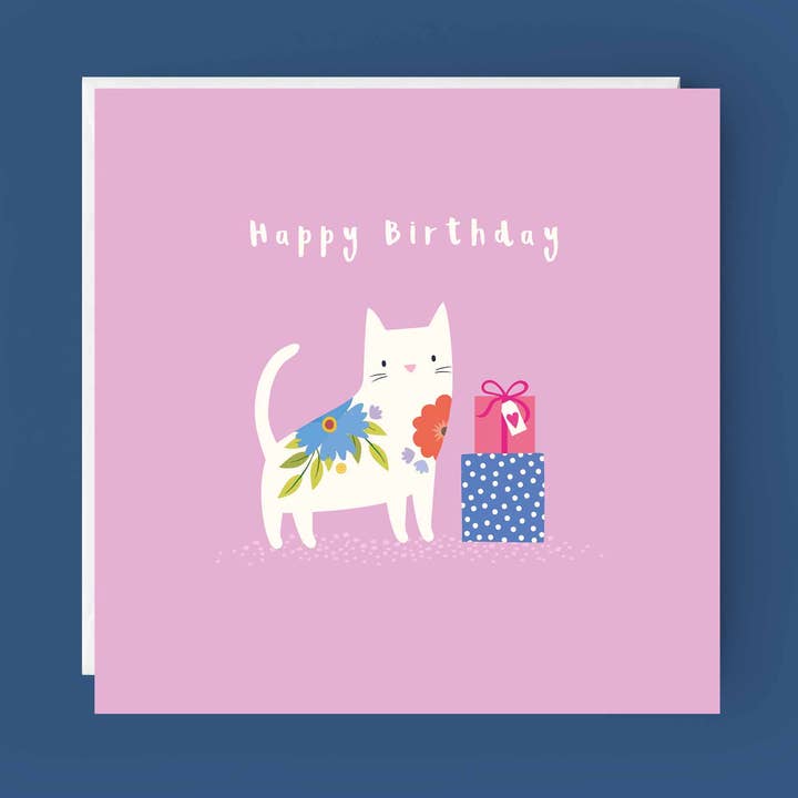 Pretty Floral Cat Happy Birthday Card | Cat Birthday Card for wholesale by Klara Hawkins