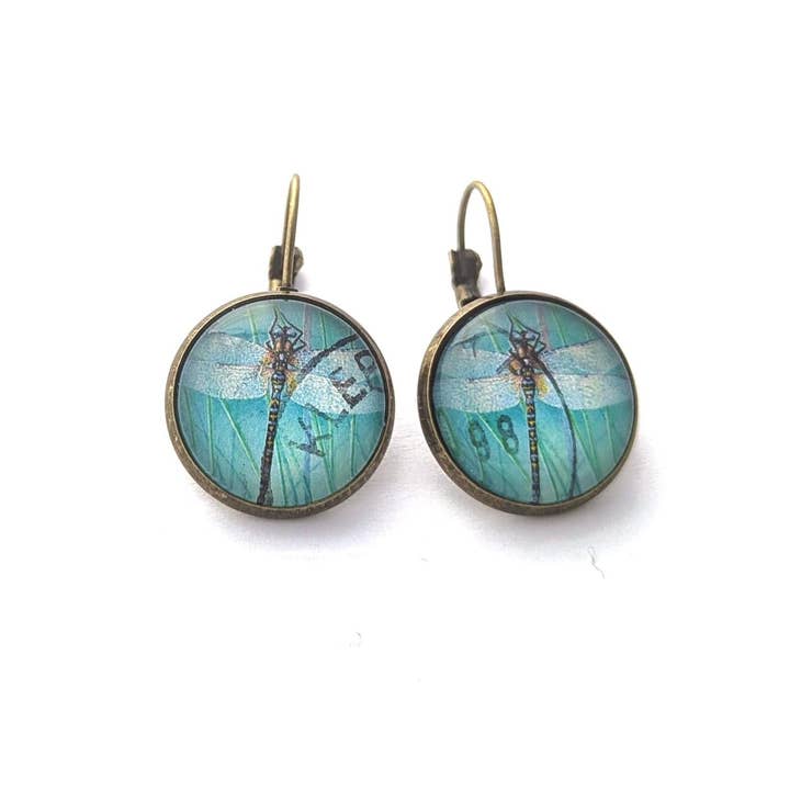 1998 Dragonfly - Norway Stamp - Postage stamp jewelry - Vintage Postage Stamp Earrings - French clip earrings in antique bronze finish for wholesale by Postage Stamp Jewelry