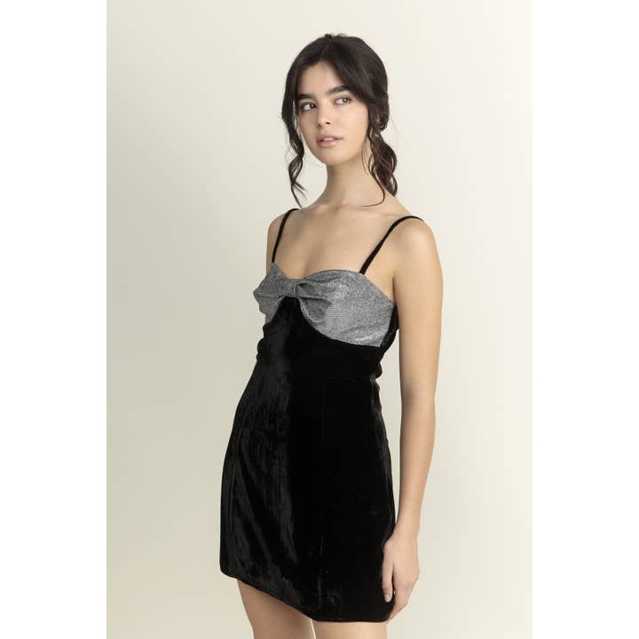 BLACK SILVER JD7188- LUREX BOW VELVET SLIP MINI DRESS for wholesale on Faire