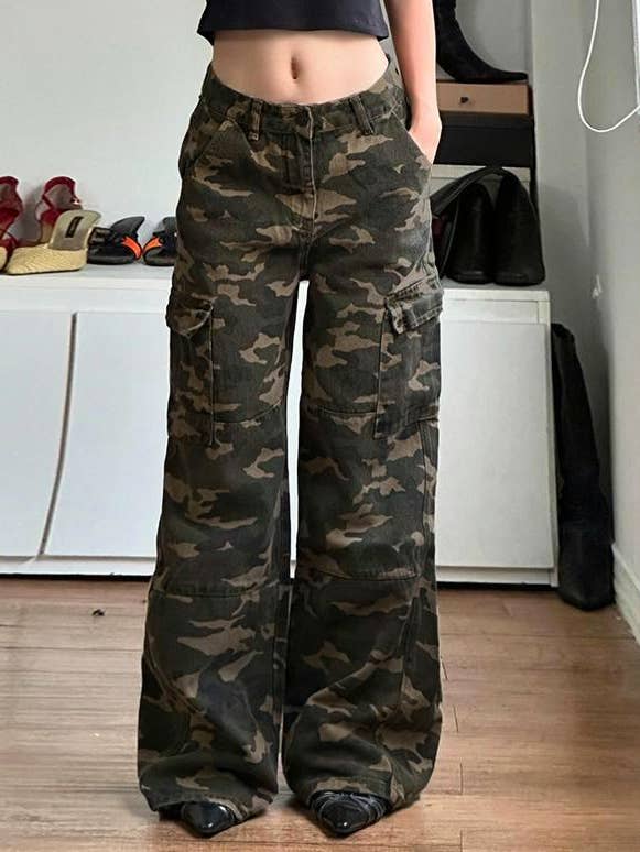 Camouflag wide-leg Jeans straight denim pants for wholesale by Rosa Clothing
