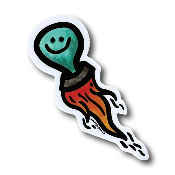 Rocket Man • Adesivo in vinile illustrato con palloncino spaziale fiammeggiante per la vendita all'ingrosso da parte di Draft Paper Co.