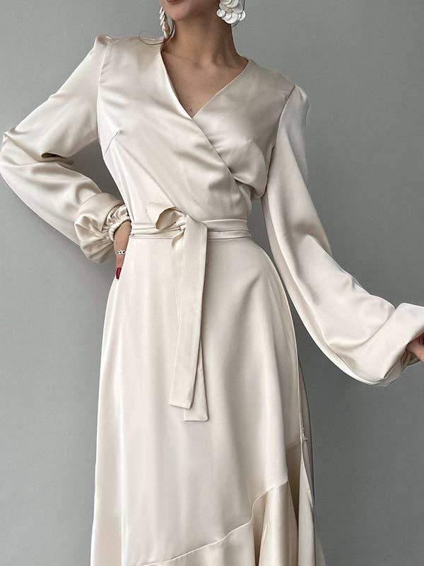 Sheer Trend - Wholesale Dress - Women's - Puff-Sleeve Asym Pleat Split-Tie V-Neck Shirt Maxi12