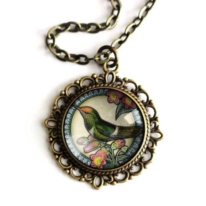 Hummingbird Vintage inspireret glas Cabochon udsmykkede halskæde for engroshandel hos The Divine Iguana