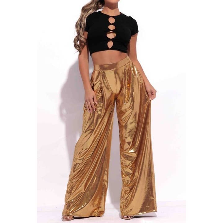 GOLD Metallic Wide Leg Pants for wholesale on Faire