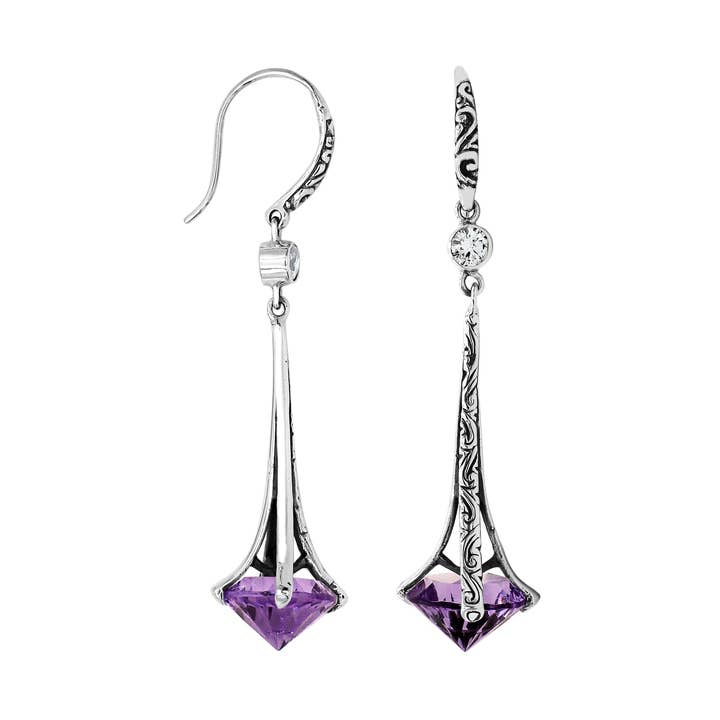 AE-1175-AM Sterling Silver Long Amethyst Quartz Drop Earrings for wholesale by Bali Designs