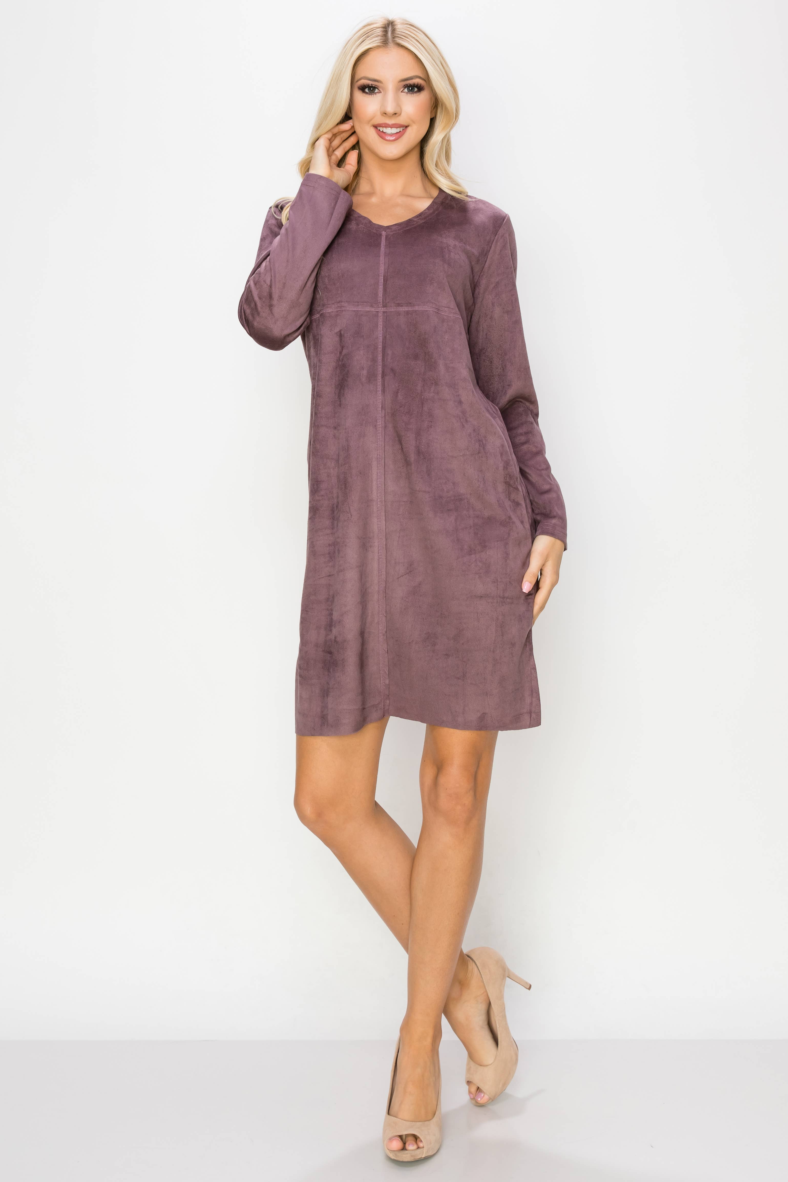 Joh Apparel - Vendita all'ingrosso Vestito - Donna - Abito con scollo rotondo in pelle scamosciata elasticizzata Aurora senza tasche39