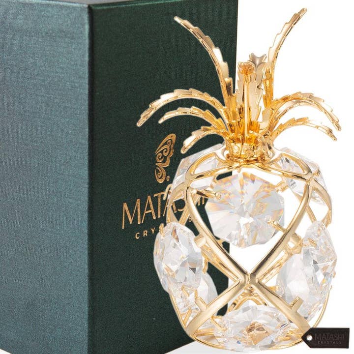 Matashi - Wholesale Decorative Tabletop Object - 24K Gold Mini Pineapple Ornament, Clear Crystal Decor