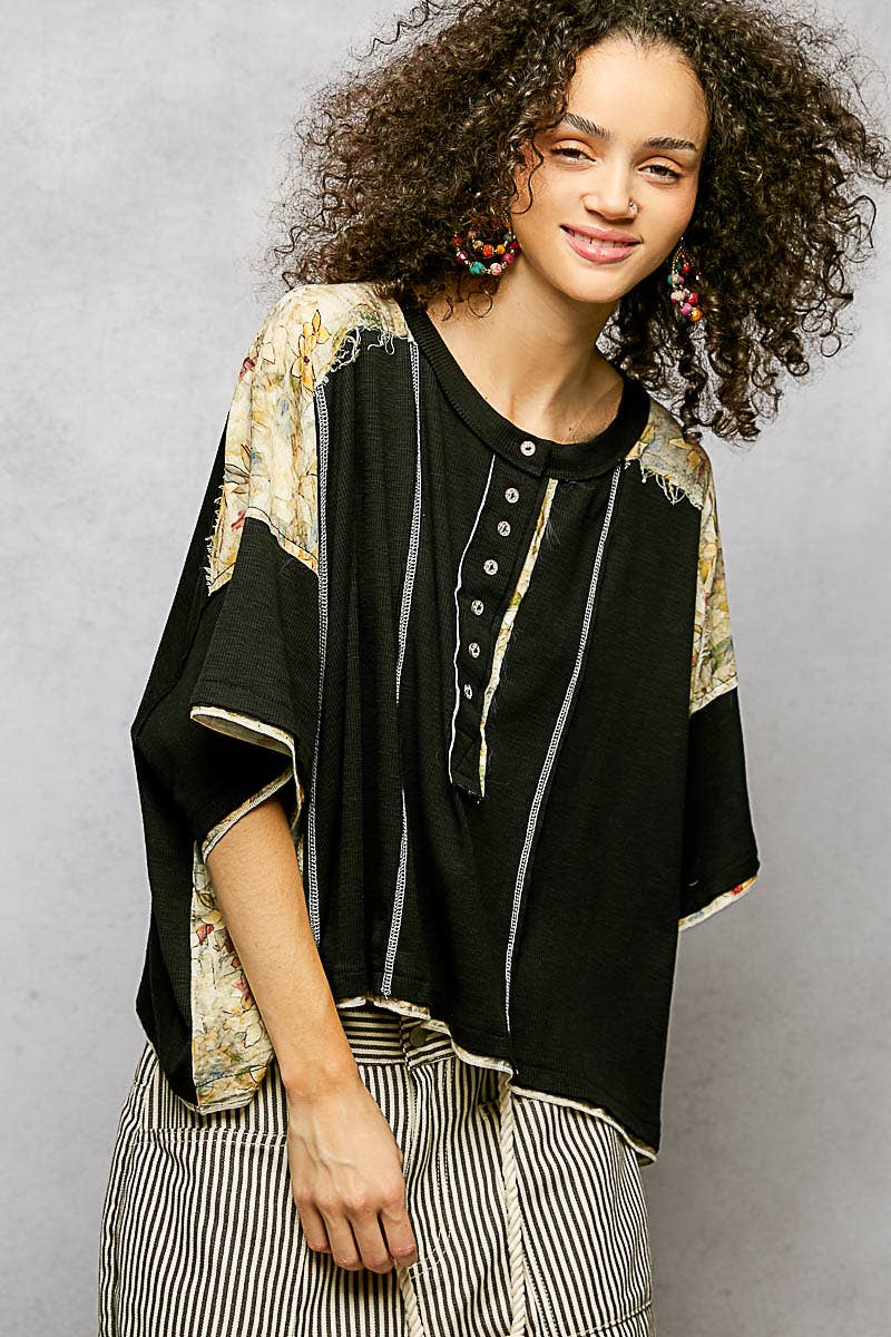 Pol Clothing - Wholesale Knit Top - Women's - Floral Print Patch Button Down Short Sleeve Top1