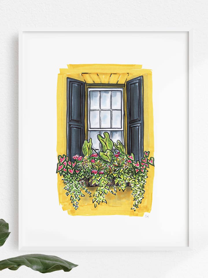 Flower Box Print of Yellow House With Black Shutters for wholesale by Texture Design Co