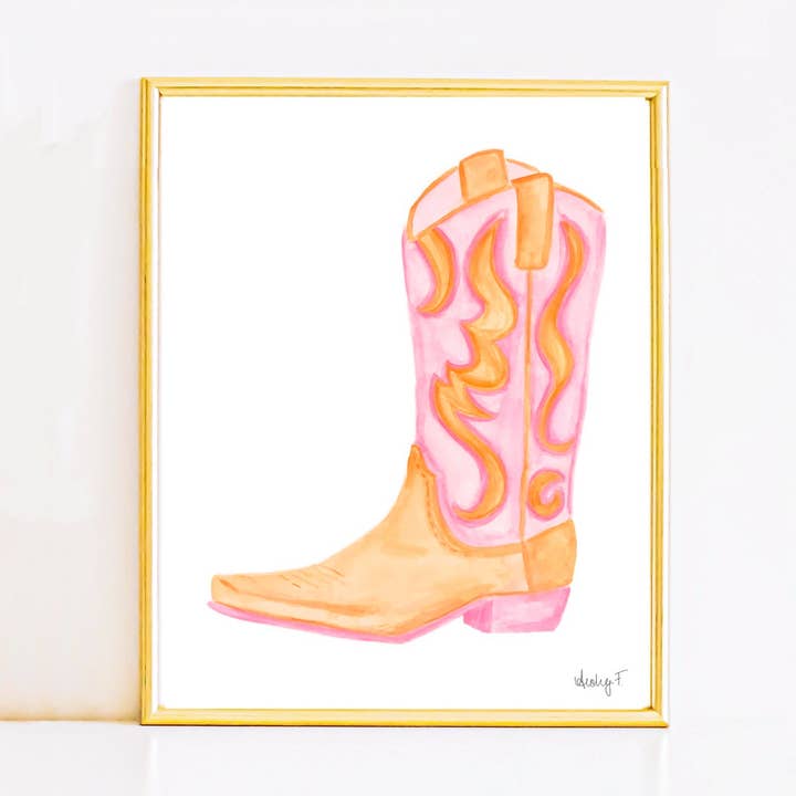 Print | Pink & Orange Cowboy Boot | Cowgirl Art | Dorm Decor | Southern | Preppy | Western | Coastal Cowgirl for wholesale by Shop Art by Audrey