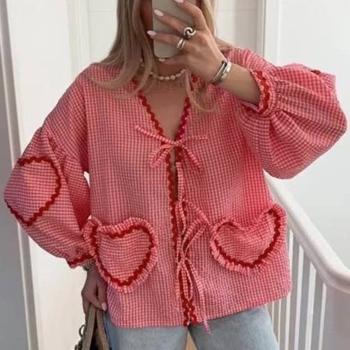 Rosa Clothing - Wholesale Blouse - Women's - Ric Rac heart-inspired patching Gingham tie front blouse