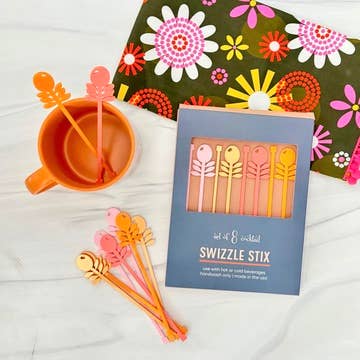 Mod Lounge Paper Company - Wholesale Drink Stirrer - Pink Flowers Mid Century Acrylic Drink Stirrer Swizzle Stix2