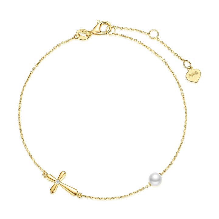 Bracelet en or jaune massif 14 carats en forme de croix latérale avec perles d'eau douce de 4 mm, mini-bracelet en forme de croix, maillon ajustable, haute joaillerie pour la vente par Fanci Me Jewelry