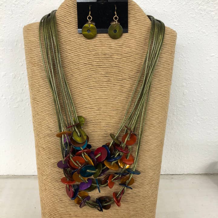 International Duru's - Wholesale Jewelry Set - 10 STRANDS GREEN WAX CORD WITH MULTI COLOR ROUND DISK KABIB