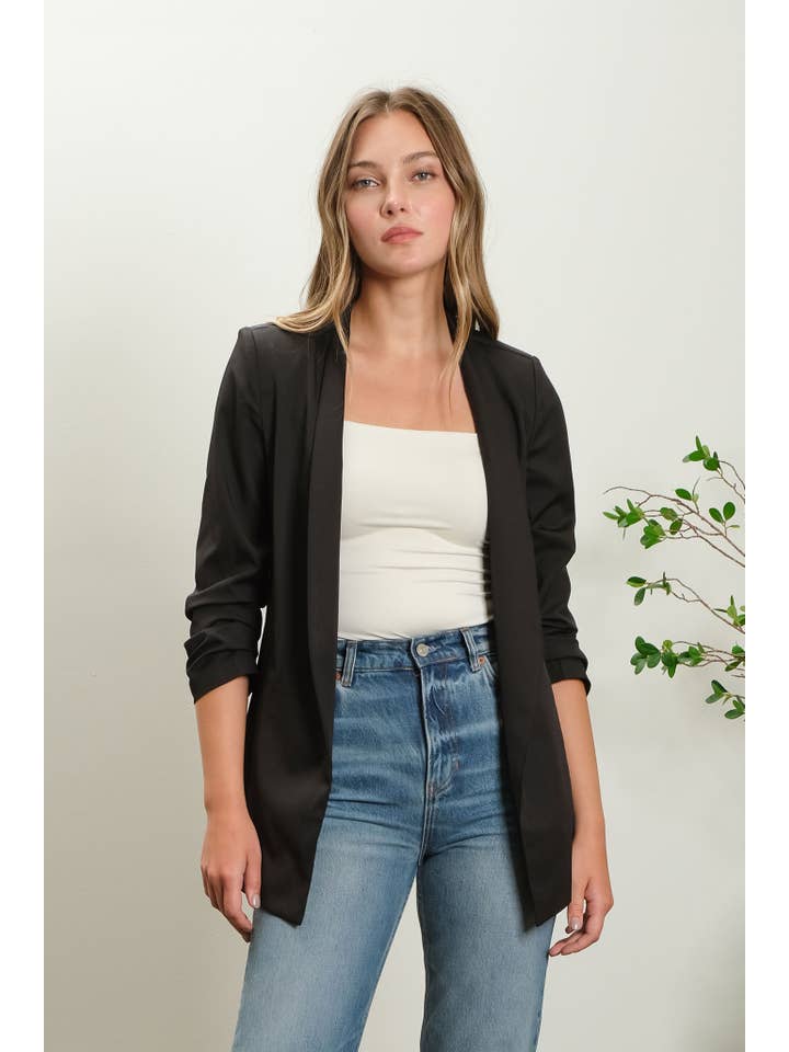 The Workshop Studio - Wholesale Blazer - Women's - COLLARLESS 3/4 RUCHED SLEEVE LONGLINE BLAZER