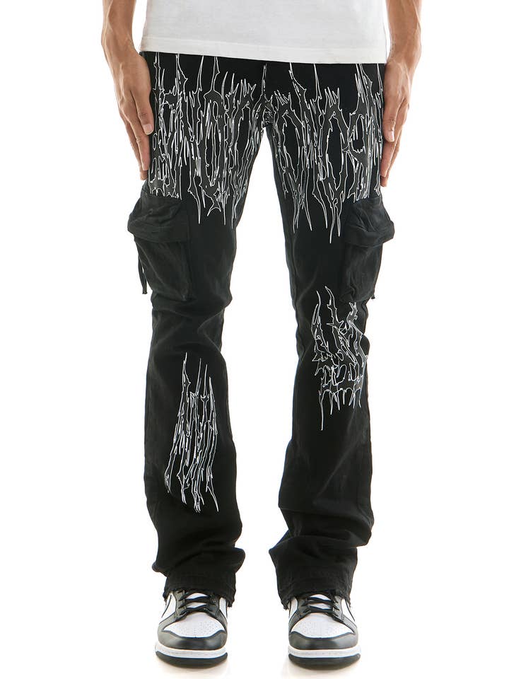 Jet Black THORN CARGO FLARE JEANS for wholesale on Faire1