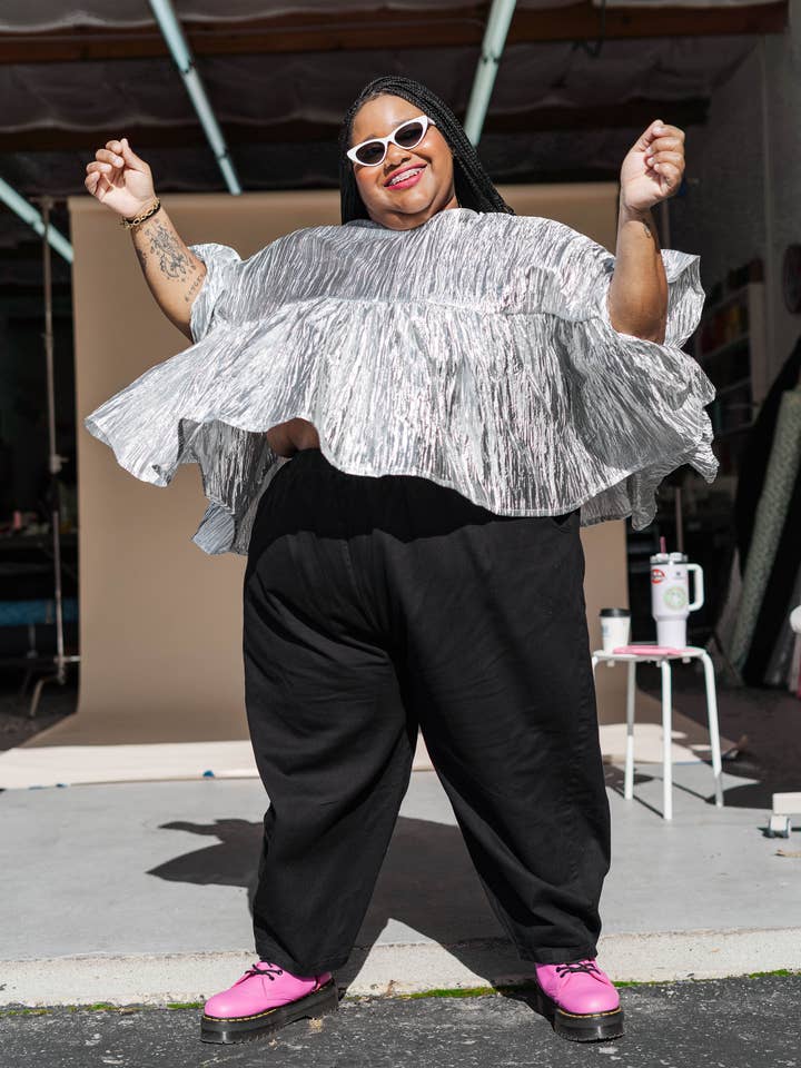 Size-Inclusive Plus Size Womens Silver Metallic Gathered Top for wholesale by Nettle Studios