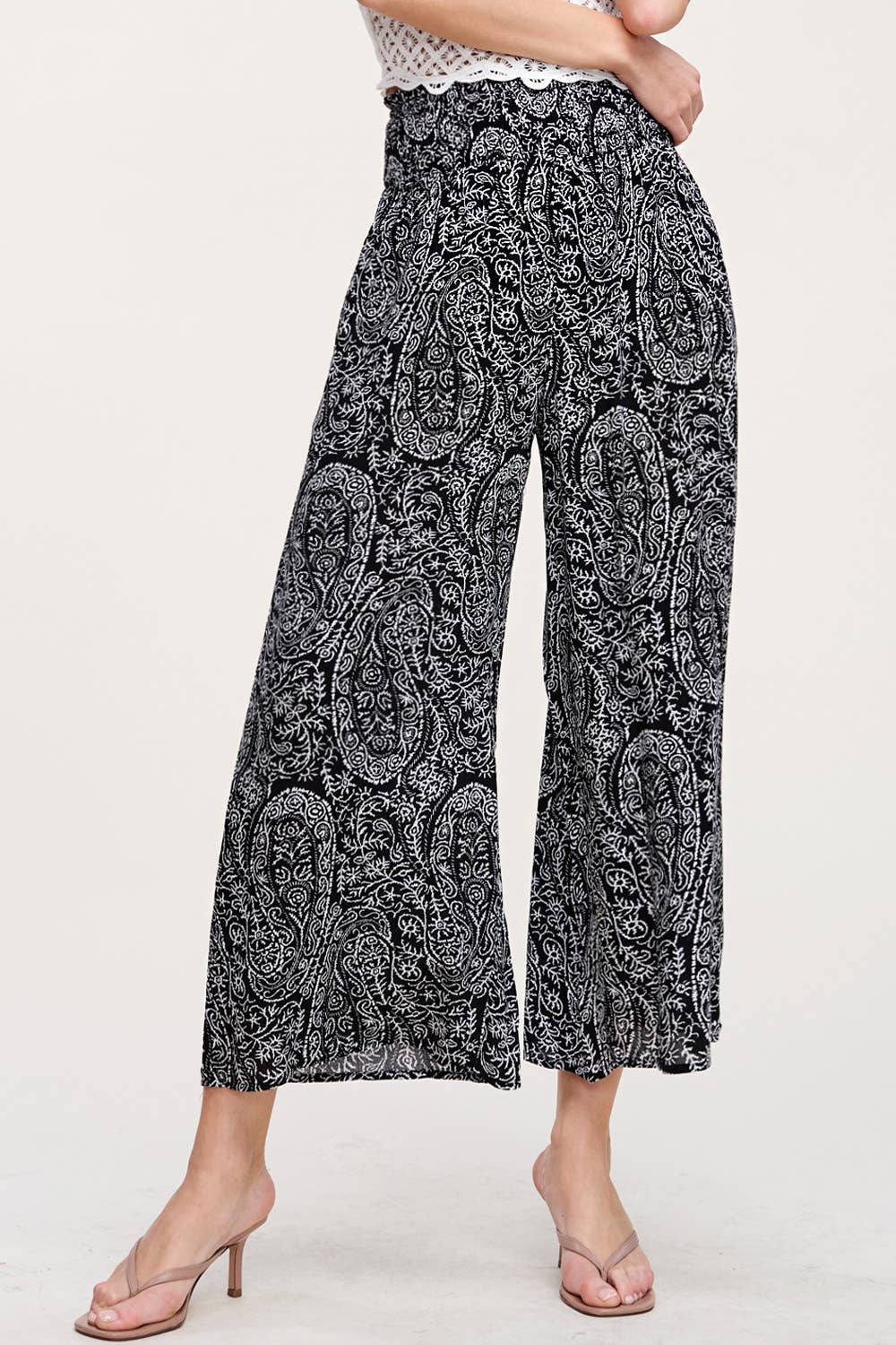 La Miel - Wholesale Pants - Women's - JCP4225-Boho Paisley Print Wide Leg Flowy Pants with Pockets1
