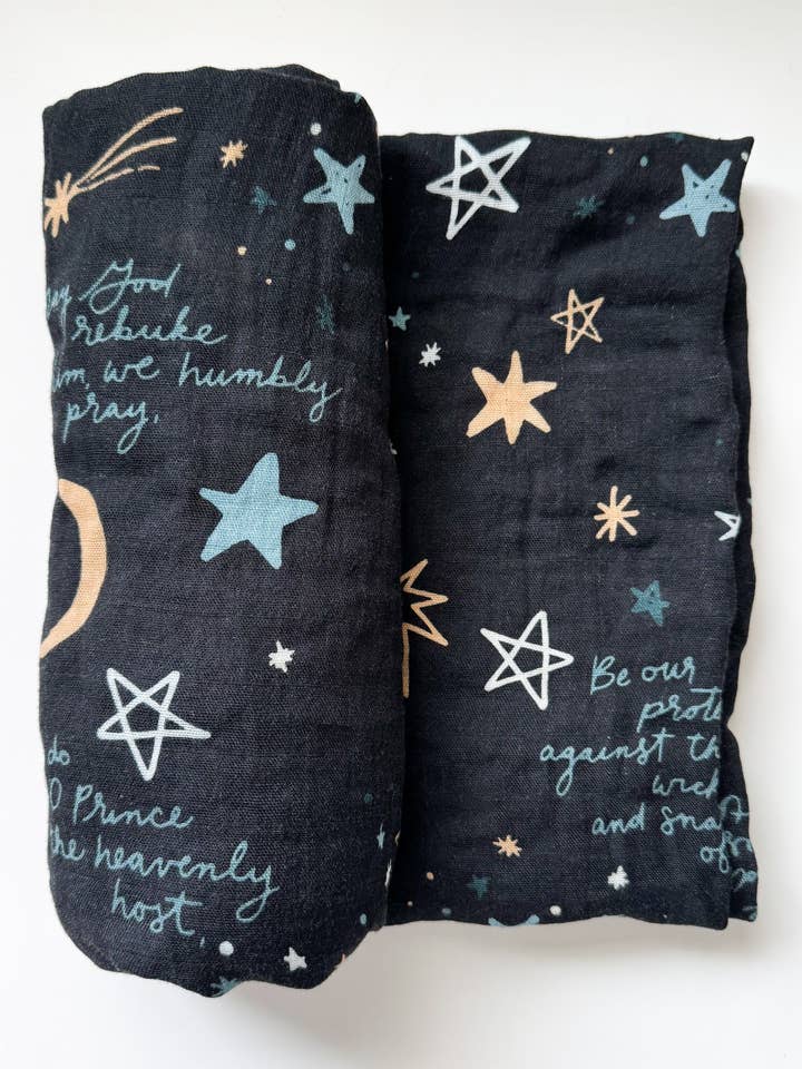 The Little Rose Shop - Wholesale Swaddle - Baby - St. Michael Prayer - Catholic Baby Muslin Blanket Swaddle