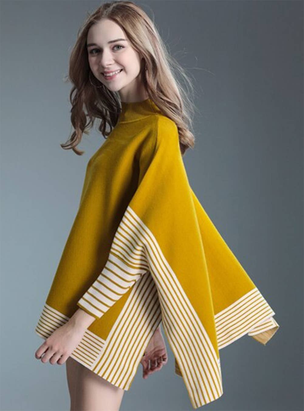 Fennco Styles – wholesale Poncho - Dam – Randig stickad pullover med fladdermusärm poncho-tröja6