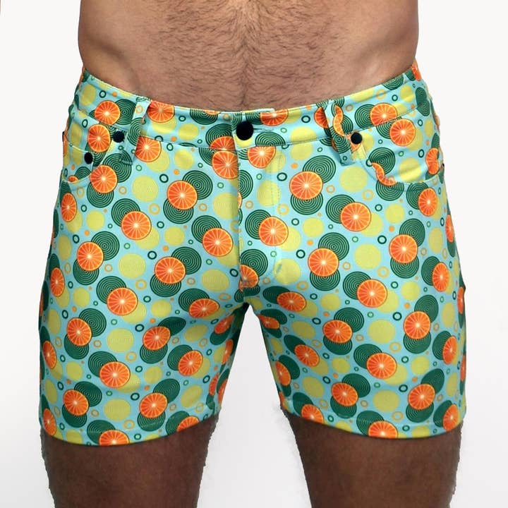 Shorts imprimés extensibles super stretch 5" Spiral Oranges bleu sarcelle/orange pour la vente par Assassin Menswear